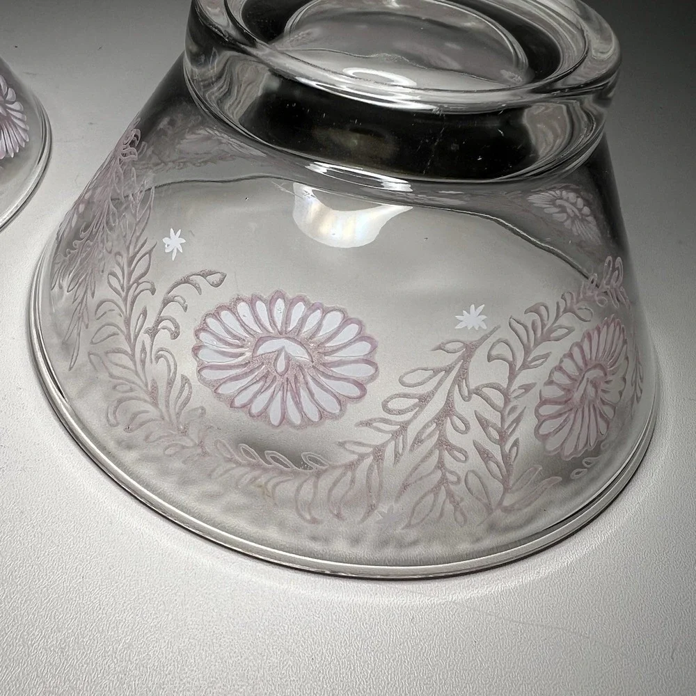 2-Vtg Todd Glass Clear Glass Fruit‎ or Dessert Bowls Pink White Daisy